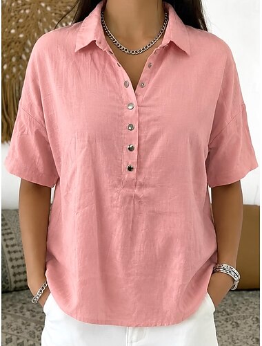  Damen Hemd Hemden in Leinenoptik Vintage Stilvoll Kurzarm Umlegekragen Normale Oberteile Täglich Arbeit Ferien Blau Schwarz Weiß Rosa Leicht Braun Sommer Frühling