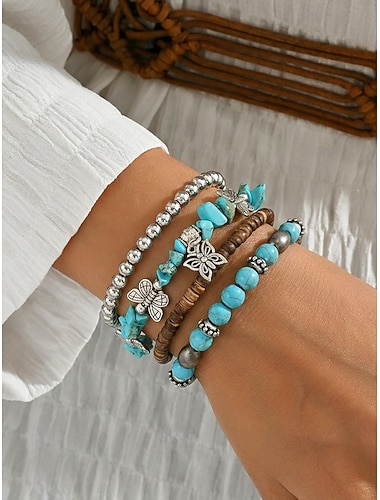  Set di bracciali da donna boho turchesi - bracciali impilabili a più strati con perline e ciondolo a farfalla &Dettagli in lega per le vacanze estive al mare e per l'abbigliamento casual di tutti i