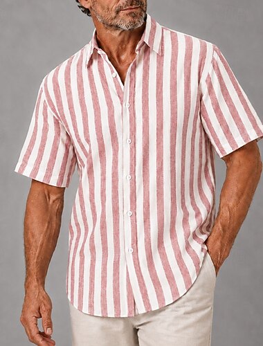  Camicia da uomo a righe in lino – maniche corte con bottoni, ideale per le vacanze estive.