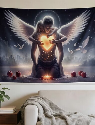  Tapisserie murale romantique avec ailes d'ange et colombe, idéale pour décorer une chambre ou un salon (décoration Saint-Valentin).