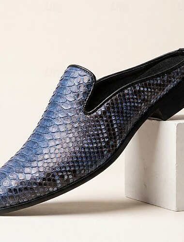  herrblå ormskinnsmönstrade muleloafers slip-on statement-skor moderiktiga gentlemanskor för fester, banketter, bal och kvällskläder