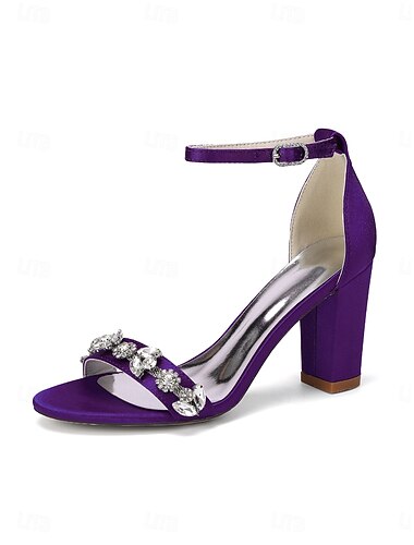  Dunkelviolette Satin-Sandalen mit Blockabsatz für Damen – elegante, mit Kristallen verzierte Schuhe für Cocktailpartys und Abendveranstaltungen