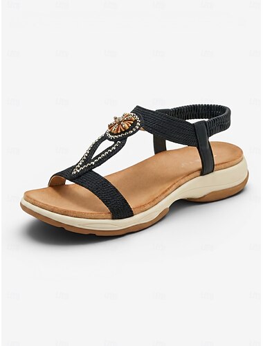  Comfortabele zwarte damessandalen met voetboogondersteuning - lichtgewicht sandalen voor de hele dag, versierd met een elastische hielband met bloem- en strasssteentjes en een antislipzool, ideaal om