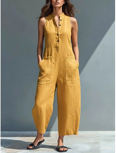  Dam Vanligt Jumpsuits Semester Ensfärgat Ärmlös Brett skaft Hög krage Bältade Öppen rygg Dagligen Semester Lös passning Blå Svart Vit Sommar