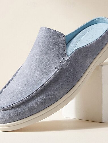  Grijze herenloafers zonder achterkant, instappers met gesloten neus, zachte, lichtgewicht, comfortabele casual schoenen voor binnen, thuis, op reis, om te ontspannen en gemakkelijk buitenshuis te dragen.