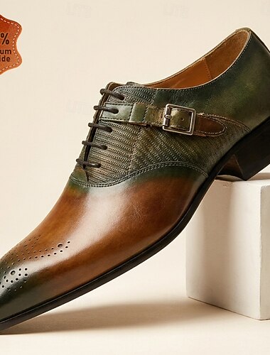  herresko i brunt, grønn tofarget oxford-mønster, snøresko i brogue-stil med formelle skinnsko for forretninger, bryllup, fester, banketter og elegant herrestil.