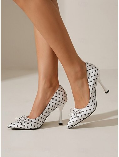  Escarpins vintage à pois pour femmes, style années 1950 - escarpins rétro à bout pointu avec nœud décoratif, inspirés du style Audrey Hepburn, parfaits pour les soirées rockabilly et les bals swing.