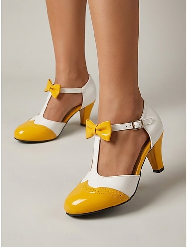  Dames pumps met t-bandje in vintage stijl uit de jaren 50 - levendige geel-witte tweekleurige pumps met een schattig strikje en brogue-details, perfect voor rockabillyfeestjes en zomerevenementen.