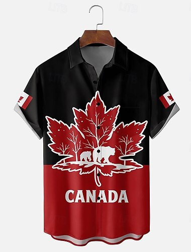  Kanada-Tag Herren Ahornblatt Feuerwerk Nationalflagge Hemd Sommerhemd Knopfhemd Kurzarm Patriotisch Outdoor Ferien Sommer Frühling Umlegekragen 3D-Druck Hemden mit Kragen Eine Tasche vorne Rot 1 Rote