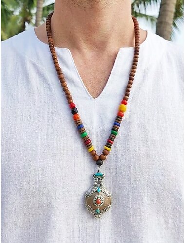  Collana da uomo con perline di legno naturale e ciondolo a totem tibetano, stile boho etnico, lunga catena, ideale per meditazione, yoga, incontri spirituali e outfit estivi casual.