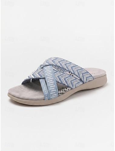  Damessandalen met blauwe voetboogondersteuning – comfortabele, brede slippers met open teen en zacht, gedempt voetbed, lichtgewicht wandelsandalen voor gezwollen voeten, ideaal voor op reis. &comfort