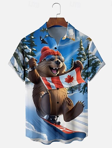  Kanadadagen Herr Lönnlöv Bäver Landsflagga Skjorta Sommarskjorta Knapp upp skjorta Kortärmad Patriotisk Utomhus Helgdag Sommar Vår Nedvikt 3D-utskrift krage skjortor Främre en ficka Blå Rubinrött