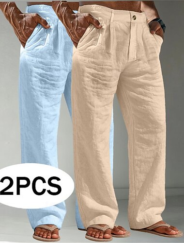  Homens Calças de linho Calças Calça verão Calças largas Calças de praia Bolsos Tecido Conforto Respirável Comprimento total Casual Diário Ao ar livre Férias Moda Branco + cáqui Marrom + Preto Sem