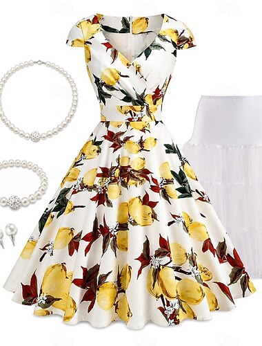  Conjunto Anos 50 Retro Vintage Rockabilly Longuette Até os Joelhos Anágua Envoltório vestido Vestido swing com acessórios Normal Concha Floral Justo & Evasê Balanço Decote V Fantasia Mulheres