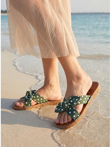  Sandali da donna verdi a pois - sandali bassi retrò con fiocco e cinturini incrociati per vacanze al mare e resort estivi all'aperto &passeggiate informali in riva al mare