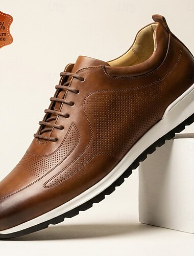  Baskets confortables en cuir marron pour homme, chaussures lacées respirantes et perforées, élégantes et décontractées, idéales pour le bureau, le quotidien, les tenues business casual et la marche en extérieur.