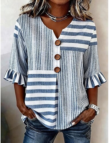  Per donna Camicia Camicia Boho Camicia casual Grafico A righe Elegante Bohemien Attivo Manica 3/4 Scollo a V Top lunghi Casuale Bianco e blu nero+bianco+verde Blu scuro Azzurro Estate Primavera