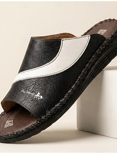  Herensandalen in zwart-wit met open neus, handgestikt, comfortabel en casual, geschikt voor de zomer, dagelijks gebruik, vakantie, thuis en buiten.
