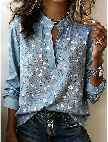  Damen Hemd Blumen Grafik Vintage Stilvoll Langarm V Ausschnitt Normale Oberteile Lässig Täglich Ferien Blau Weiß Rosa Pudriges Rosa Himmelblau Sommer Frühling