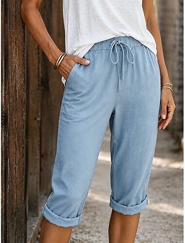  Dames Katoenen linnen shorts Capri broeken Chinese Zomer korte broeken Vakantie Streetwear Casual Knielengte Middelhoge taille Effen Trekkoord Zak Comfortabel Ademend Inelastisch Dagelijks Buiten