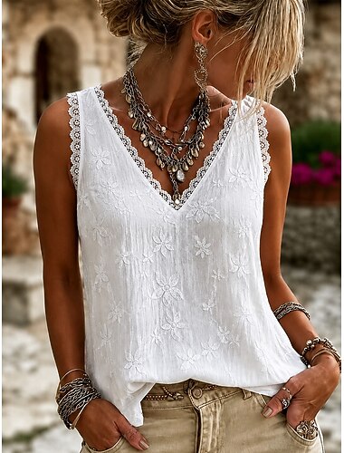  Mulheres Camisa Social Guarnição do laço Côr Sólida Elegante Boêmia Férias Sem Manga Manga 3/4 Decote V Tops regulares Casual Diário Feriado Branco Verão Primavera