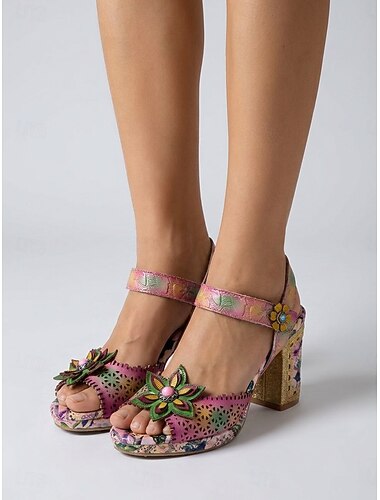  Damessandalen in boho-stijl van echt leer - kleurrijke, handgeschilderde bloemen op de blokhak met een opengewerkt design, perfect voor luxe resorts, tuinfeesten en reizen.
