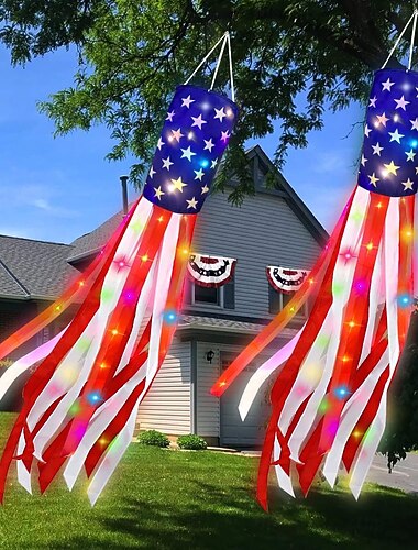  patriotisk vindstrumpa 4 juli amerikansk flagga vindstrumpa led-belyst hängande vindstrumpa röd vit blå utomhusdekorationer för trädgård trädgård veranda fest