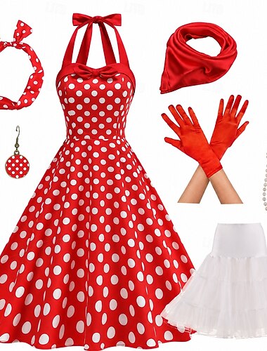  Conjunto Anos 50 Retro Vintage Rockabilly Meio-dia Longuette Vestidos Anágua Conjunto de acessórios com acessórios Sem Mangas Nadador Bolinhas Justo & Evasê Halter pescoço Fantasia Mulheres Dia Das