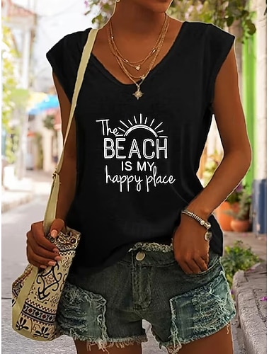  Dames Blouse Afdrukken Grafisch Brief Vintage Stijlvol Klassiek Mouwloos V-hals Normale tops Casual Dagelijks Vakantiekleding Zwart Wit Zomer Lente