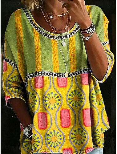  Dames Overhemd Oogje top Normaal shirt Lapwerk Knop Afdrukken Grafisch Geometrisch Elegant Bohemen Actief Strakke ronde hals Normale tops Casual blauw Geel Paars Oranje Zomer Lente Herfst Winter