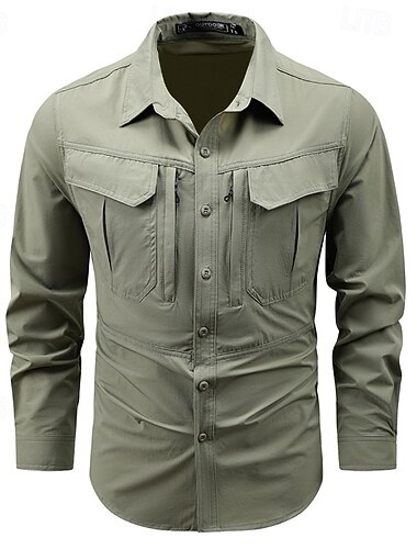  Hombre camisa cargo Camisa para exteriores Camisa para senderismo Manga Larga Cuello Vuelto Camisas Al aire libre Multi bolsillo Anti-desgarros Transpirable Verano Primavera Otoño Nailon Negro Verde