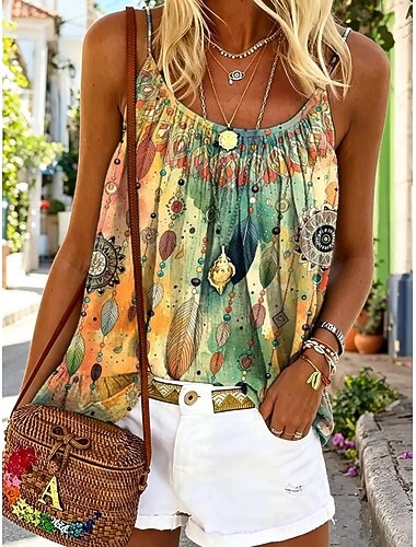  Mujer Camiseta sin mangas tipo camisola Estampado Graphic Geométrico Bohemia Vintage Moda Sin Mangas Correas Tops regulares Casual Diario Azul Piscina Naranja Verde Trébol Verano Primavera