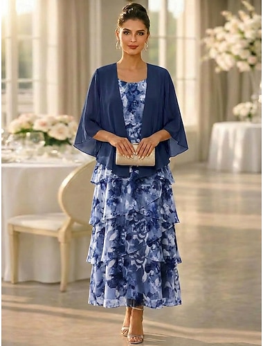  Todelt A-linje Ankellengde Gjestekjole til bryllup Løstsittende Kjole til brudens mor 3/4 ermer Øsehals Elegant Enkel Fritid Formell Bryllupsgjest Ferie Chiffon Innpakking inkludert med Blomstertrykk