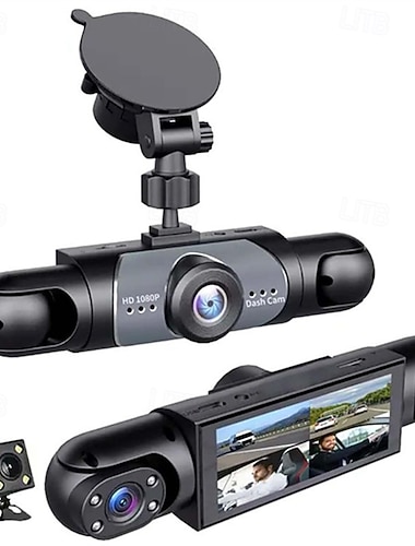  3-kanals dashcam fram och bak, 1080p trippelvägs bilkamera med roterbart objektiv, HD inuti dashcam för bilar, G-sensor, loopinspelning, IR-mörkerseende, 24-timmars parkeringsövervakning, 3 objektiv