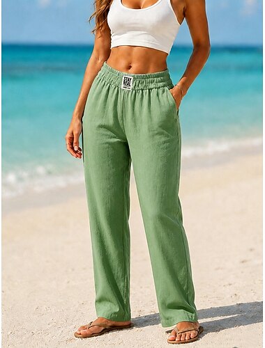 Damen Hose aus Baumwollleinen Hose Freizeithose Sommerhose Urlaub Mode Streetwear Volle Länge Hohe Taille Einfach Tasche Elastischer Bund Atmungsaktivität Bequem Unelastisch Täglich Urlaub Straße