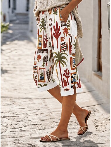  Mulheres Shorts de algodão e linho Calças Capri Leggings Calças Cropped Férias Vintage estilo avó costeira Comprimento do joelho Cintura Média Floral Gráfico Geométrica Imprimir Conforto Sem