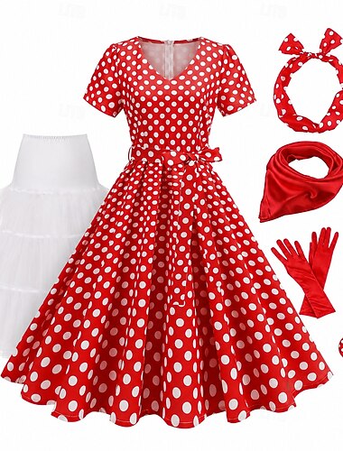  Conjunto Anos 50 Retro Vintage Longuette Vestidos Anágua Vestido swing com acessórios Bolinhas Justo & Evasê Fantasia Mulheres Baile de Máscaras Festival de Música Festa de Chá Adulto Vestido