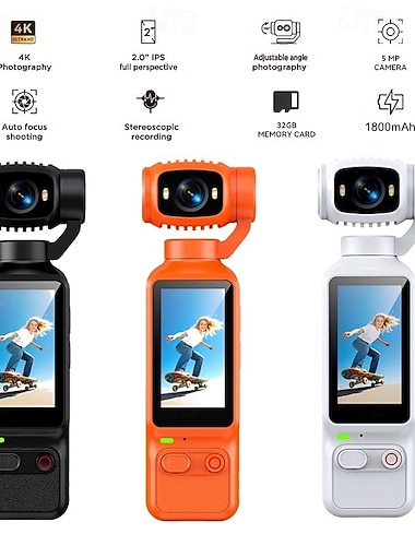  4k actionkamera med 2,0" IPS-skärm, handhållen vloggkamera med autofokus &roterbart objektiv, bärbar fickvideokamera med 32 GB SD-kort, digitalkamera för vloggning &resa, present till barn &tonåring