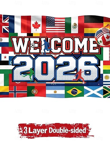 Weltfußball-Pokalflagge, Willkommensflaggen für das Fußballfestival 2026 (90 x 150 cm), Banner mit Länderflaggen der Weltfußball-Flagge für den Innen- und Außenbereich