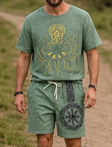  Conjunto Medieval Renascentista Japonesa/Curta Calção Viking Textura com aparência de linho Fantasia Homens Dia Das Bruxas Carnaval LARP Ren Faire férias na praia Adulto Calções Camiseta Verão