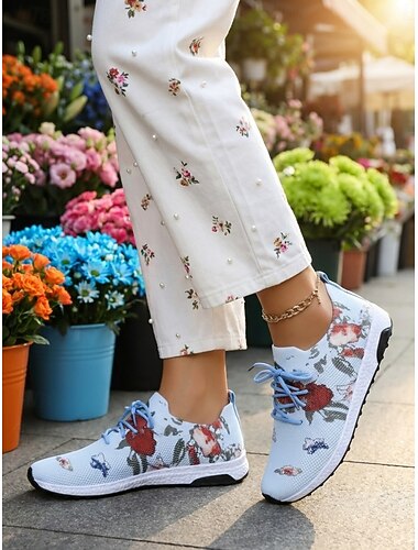  Damsneakers med gula blommönster och stickning – lätta, andningsbara vardagsskor med vadderad, halkfri sula, moderiktiga promenadskor för resor, utomhusbruk och vardagsbruk