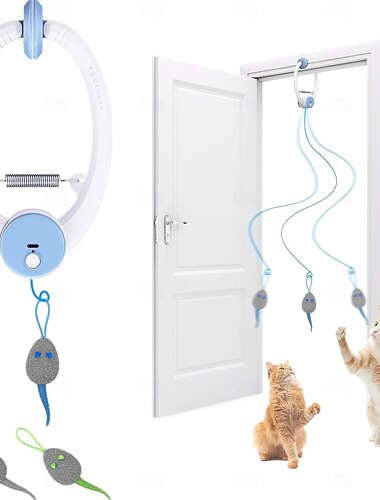  Interaktiv kattelek for innekatter, smart USB-oppladbar dørhengende automatisk uttrekkbar kattungeleker, teaser elektronisk selvlek fjær kattsnorleker festet med 3 kattemyntemus hvit