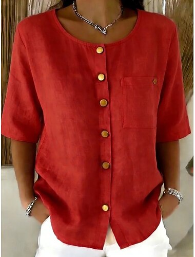  Mujer Camisa Color sólido Plano Vintage Elegante Media Manga Tops largos Casual Azul Piscina Negro Amarillo Verde Claro Rosa Verano Primavera