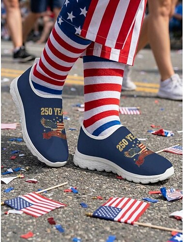  Blå slip-on-sko for dame i USA-stil – avslappede joggesko med amerikansk ørnflaggtrykk, pustende mesh-overdel og lett EVA-såle, perfekt for parader og festligheter under den fjerde juli.
