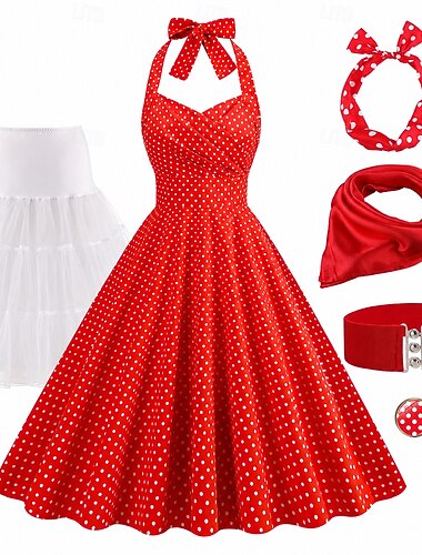  Conjunto Anos 50 Retro Vintage Rockabilly Longuette Anágua Vestido swing Conjunto de acessórios com acessórios Bolinhas Justo & Evasê Fantasia Mulheres Baile de Máscaras Festival de Música Festa de