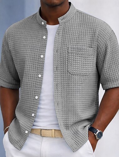  Herren Hemd Waffelhemd Freizeithemd Knopfhemd Schwarz Hellgrün Marineblau Purpur Militßrgrün Kurzarm Einfach Großvaterkragen Lässig Täglich Fronttasche Bekleidung Elegant Mode Lässig