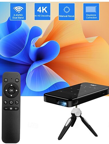  okos DLP mini projektor 5g wifi bluetooth-tal, hordozható zsebprojektor 4k dekódolás támogatással, trapézkorrekció, manuális fókusz, érintőpad vezérlés, filmvetítő kültéri használatra, állvány