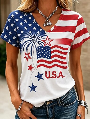  Giorno dell'Indipendenza Americana Per donna Maglietta Stampato Grafico Bandiera Americana Vintage Elegante Classico Manica Corta Scollo a V Top Regolari Casuale Quotidiano Blu Bianco Rosso Estate