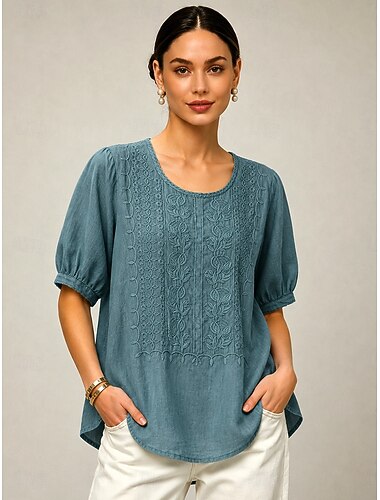  نسائي قميص أعلى العيينة 100% Cotton قميص الدانتيل مطرز ورد الرسم أنيق بوهيميا العطلة قمصان طويلة فضفاض مناسب للبس اليومي عمل أزرق الصيف الربيع