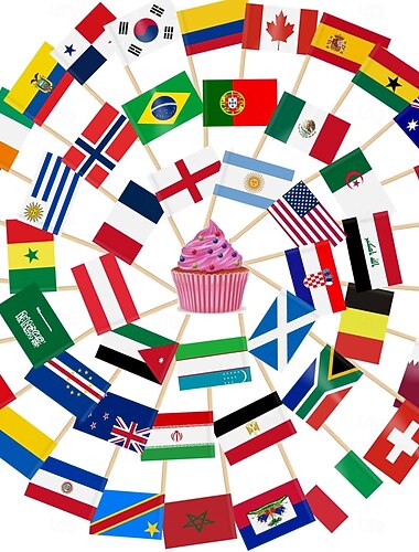  200 قطعة من زينة الكيك على أعواد الأسنان تحمل أعلام دول العالم، مثالية لتزيين كأس العالم لكرة القدم، بالإضافة إلى أعلام 48 دولة على أعواد الكوكتيل لتزيين الكب كيك، ومستلزمات حفلات البار.